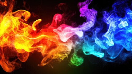 Aufkleber - Colorful abstract smoke waves in vibrant hues of red, orange, yellow, green, blue, and purple, flowing gracefully against a black background, artistic, design, visual effects.