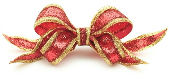 Poster - Festive red and gold glitter bow shaped Christmas decoration isolated on white background for holiday themed designs and crafts