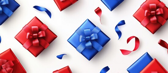 Poster - Seamless pattern of vibrant red and blue gift boxes with ribbon bows and festive ribbons on a white background for celebration themes.