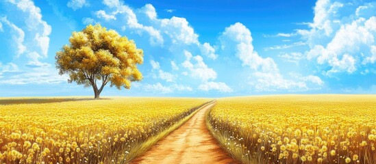 Aufkleber - Spring landscape featuring a vibrant yellow field with a single tree under a bright blue sky and fluffy white clouds.