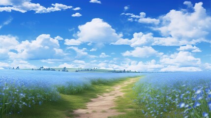 Poster - Scenic rural road winding through vibrant flowering flax fields under a bright blue summer sky with fluffy white clouds.