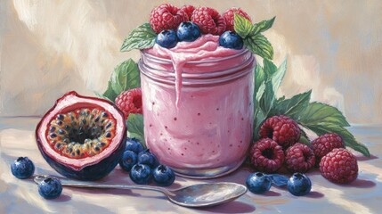 Poster - Fresh homemade yogurt with blueberries raspberries mint and passionfruit in a glass jar on a light wood background with vintage spoon.