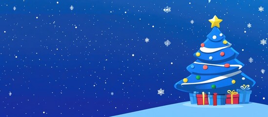 Poster - Happy New Year greeting in Russian with a colorful Christmas tree on a festive blue background adorned with falling snowflakes