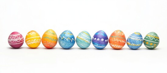 Wall Mural - Colorful Easter eggs arranged in a joyful line on a white background celebrating the spirit of spring and holiday traditions.