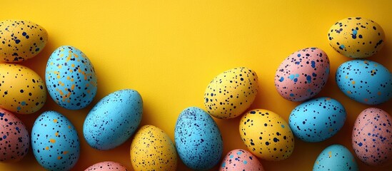 Aufkleber - Colorful Easter eggs in blue yellow and pink on vibrant yellow background Spring holiday theme Flat lay with copyspace for text