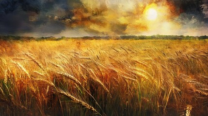 Aufkleber - Golden Wheat Field Under a Dramatic Sky at Sunset with Sunlight Illuminating the Crops