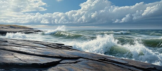 Poster - Serene seascape with crashing waves against rugged rocks under a sky filled with fluffy clouds and blue hues