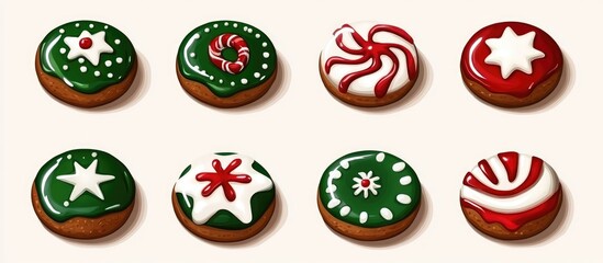 Poster - Festive gingerbread cookies decorated with vibrant icing designs for winter holiday celebrations on a soft beige background.