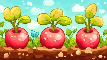 Poster - Colorful cartoon illustration of potato plants growing in rows with vibrant leaves set against a bright blue sky and lush green landscape.