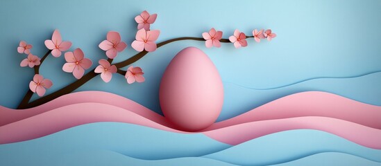 Aufkleber - Easter egg with cherry blossom branch in minimal design on pastel background space for greeting card or seasonal message