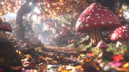 Aufkleber - Magical forest pathway with vibrant mushrooms autumn leaves and soft sunlight creating a serene natural atmosphere
