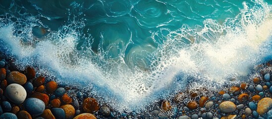 Poster - Pebble beach with crystal clear azure sea waves gently lapping rocky shoreline showcasing vibrant natural textures in stunning seascape view