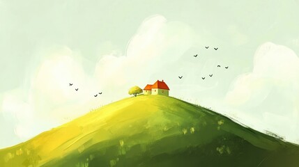 Aufkleber - Serene Landscape with House and Tree on Hill Surrounded by Soft Clouds and Birds in a Calm Sky