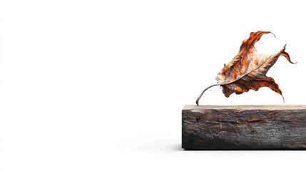Poster - Dry leaf resting on wooden block isolated on white background representing decay and the beauty of nature's cycles