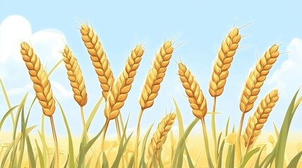 Poster - Golden wheat field under a bright sky showcasing mature ripe cereal crops ready for harvest in a serene agricultural landscape.