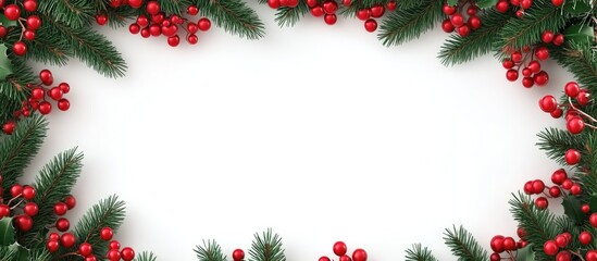 Poster - Christmas fir branches with red berries creating a decorative frame and ample blank space for personalized text or seasonal greetings