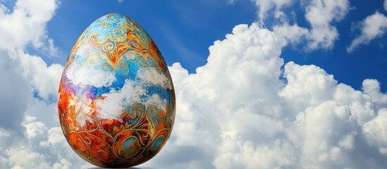 Poster - Colorful decorated Easter egg against a bright blue sky and fluffy white clouds creating a festive spring atmosphere.