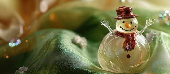 Poster - Charming festive decorations showcasing a whimsical glass snowman and a decorative plastic tree on lush green fabric background.