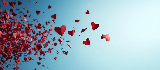 Poster - Flying red paper hearts symbolizing love drifting in open space against a serene blue backdrop creating a romantic and whimsical atmosphere