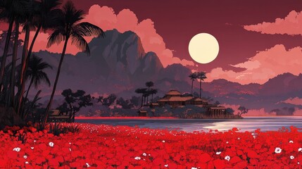 Poster - Vibrant sunset over a poppy field with tropical palms and mountains creating a serene summer evening landscape scene.