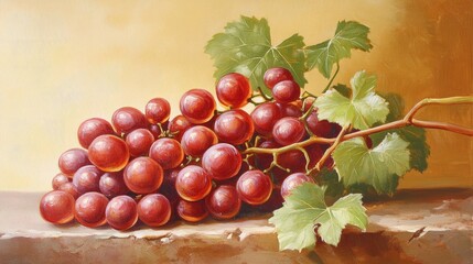 Poster - Vibrant bunch of red grapes with lush green leaves against a soft background showcasing natural beauty and freshness of fruit.