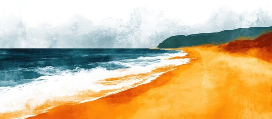 Poster - Vibrant coastal landscape featuring golden sands and crashing waves under a cloudy sky with distant hills.