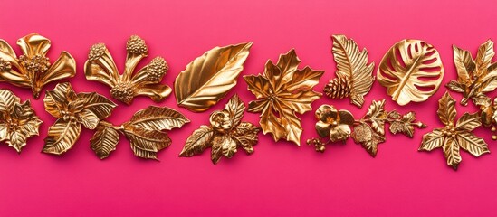 Poster - Gold holiday decorations arranged on a pink backdrop creating a festive frame with blank space for text ideal for postcards or invitations.