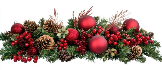 Aufkleber - Festive Christmas decoration with red berries, pine cones, and fir twigs arranged on a white background for holiday spirit and cheer.