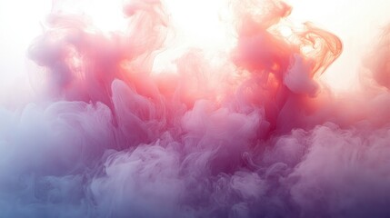 Poster - Fluffy pink smoke swirling gracefully against a bright white backdrop creating a dreamy and serene abstract atmosphere