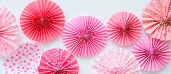 Poster - Pink paper fans with polka dot patterns arranged in an abstract background creating a festive and playful atmosphere for decorating purposes.