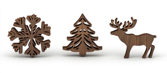 Poster - Brown wooden Christmas decorations featuring a snowflake, tree, and reindeer on a white background for holiday design and festive themes.