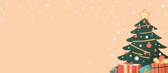 Poster - Christmas-themed border with a decorated tree and presents on a warm background ideal for holiday greeting cards and festive templates.