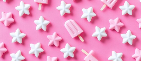 Poster - Flat lay of colorful homemade yogurt and ice cream popsicles surrounded by star-shaped marshmallows on a pink background