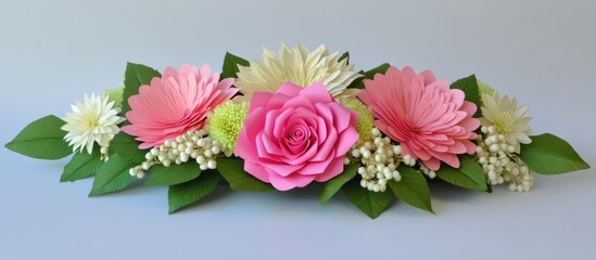 Aufkleber - Charming floral arrangement of pink roses and chrysanthemums in elegant decorative paper showcasing spring's beauty and vibrancy.
