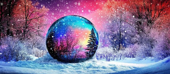 Poster - Colorful winter landscape inside a snow globe capturing the essence of a magical holiday season with vibrant skies and snowy trees