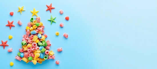 Poster - Colorful pasta Christmas tree decoration on blue background with star shapes and festive elements for creative holiday designs.