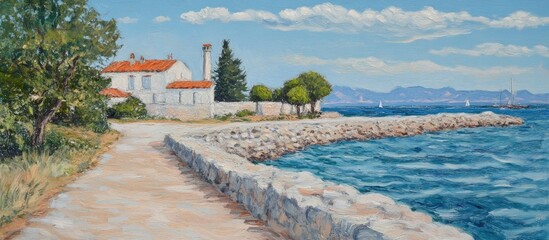 Poster - Serene coastal village landscape along the Mediterranean Sea with lush greenery and tranquil water features