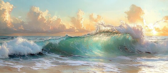 Poster - Serene coastal scene with vibrant waves crashing under a colorful sky at sunset, capturing the beauty of nature and tranquility at the beach.
