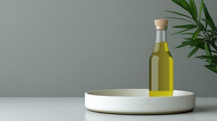 Poster - Elegant oil bottle mockup on a minimalist plate with a serene background and green foliage for culinary or wellness branding.