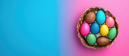 Aufkleber - Colorful Easter eggs arranged in a seashell on a vibrant blue and pink background perfect for festive celebration content and decorations