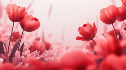 Poster - Light pink background with vibrant red tulips in spring creating a serene and inviting atmosphere with ample copy space for text