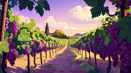 Aufkleber - Summer vineyard landscape with lush grapevines and ripe grapes ready for harvest under a vibrant sky at sunset.