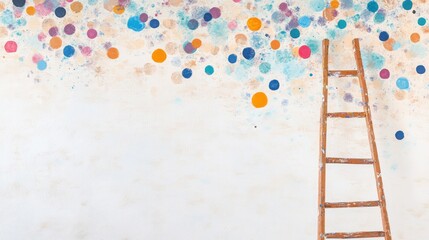 Poster - Ladder and paint splashes vibrant colors on a white background creative workspace concept for home improvement or art projects