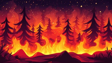 Poster - Nighttime forest fire with flames and smoke in rocky terrain, silhouettes of pine trees against vibrant, dramatic fire backdrop.