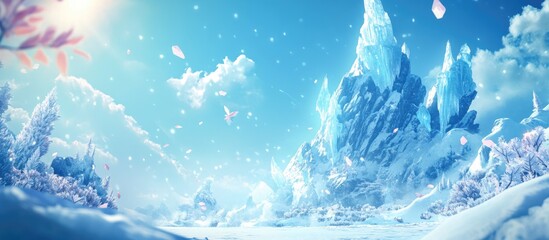 Poster - Majestic ice crystals and snow-capped mountains under a bright blue sky with floating ice shards and delicate winter scenery