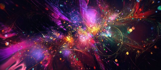 Poster - Colorful abstract explosion of lights and stars creating a vibrant cosmic scene with intricate patterns and vivid hues for digital backgrounds.