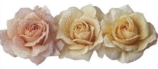 Poster - Delicate roses adorned with dewdrops isolated on a clean white background showcasing natural beauty and elegance in floral design