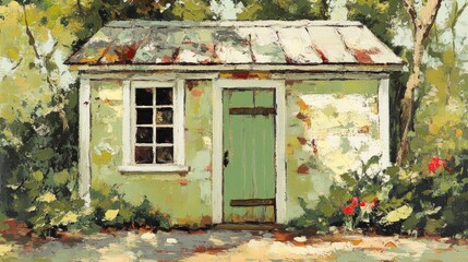 Poster - Rustic farmhouse shed enveloped by nature showcasing weathered textures and vibrant greenery in a serene rural setting