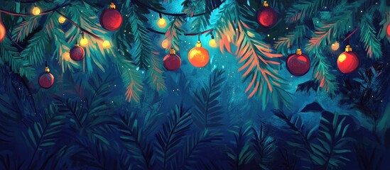 Aufkleber - Festive Christmas card design with vibrant fir branches, colorful ornaments, and a magical night backdrop for holiday celebrations.