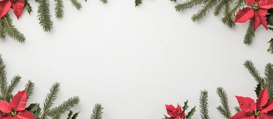 Poster - Christmas flat lay composition featuring a frame of poinsettia flowers and fir branches on a clean white background with ample copy space.